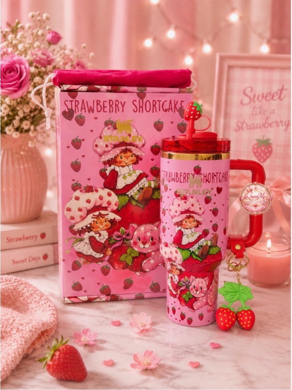 Stanley Red Pattern Strawberry Shortcake Tumbler with Red Handle